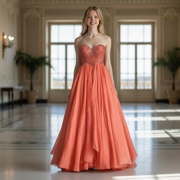 Sparkle Beaded Strapless Chiffon Gown Coral Embellished Formal Prom Dress 6 - Picture 3 of 16